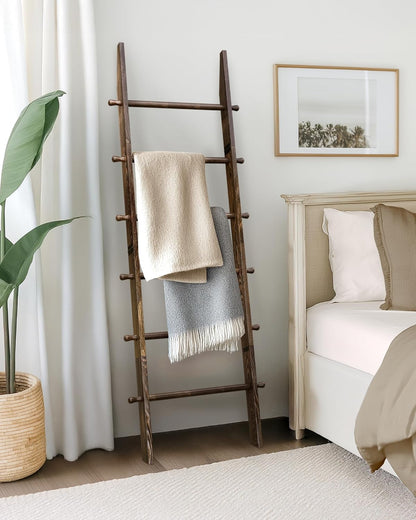 6-Tier Blanket Ladder with Hanging Knobs,5.5 Ft Wall Leaning Blanket Ladders for Living Room Bedroom,Rustic Decorative Storage for Quilts,Throws,Easy to Assemble,Rustic Brown