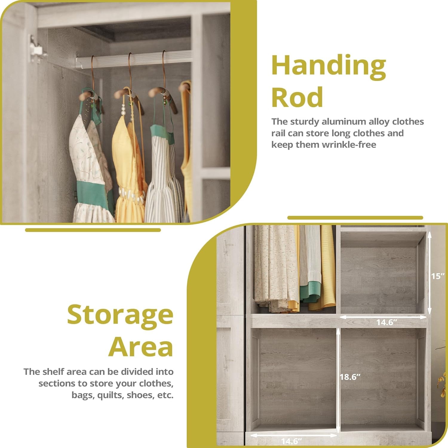 Large Wardrobe Closet, Farmhouse Clothing Storage Cabinet with Hanging Rod and 2 Doors, Wooden Tall Bedroom Armoires with Storage Shelves, Rustic White