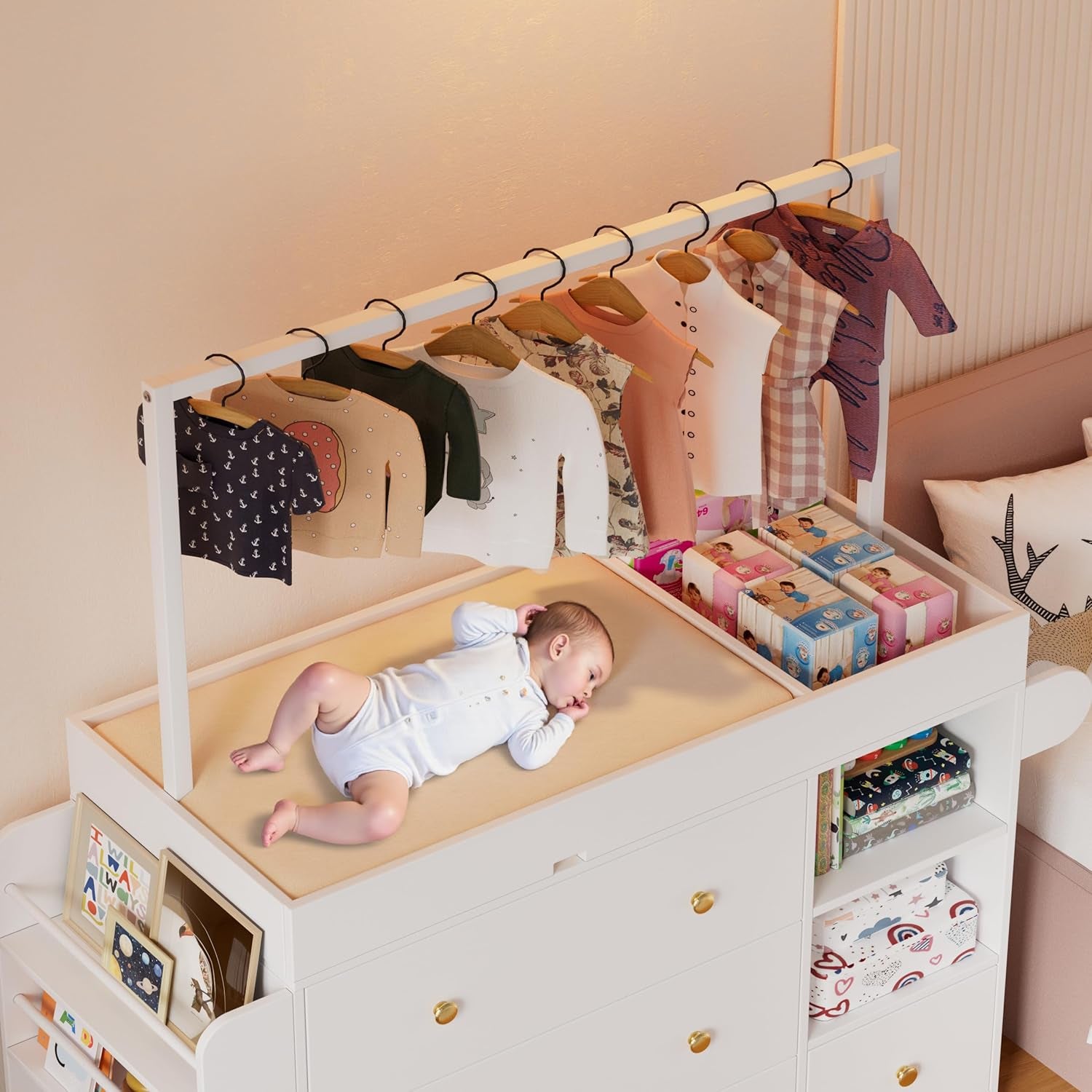 Modern Changing Table Dresser,Baby Dressing Table with 4 Drawers and Storage Shelves,Multi-Functional Baby Changing Table with Drying Rack for Nursery, White