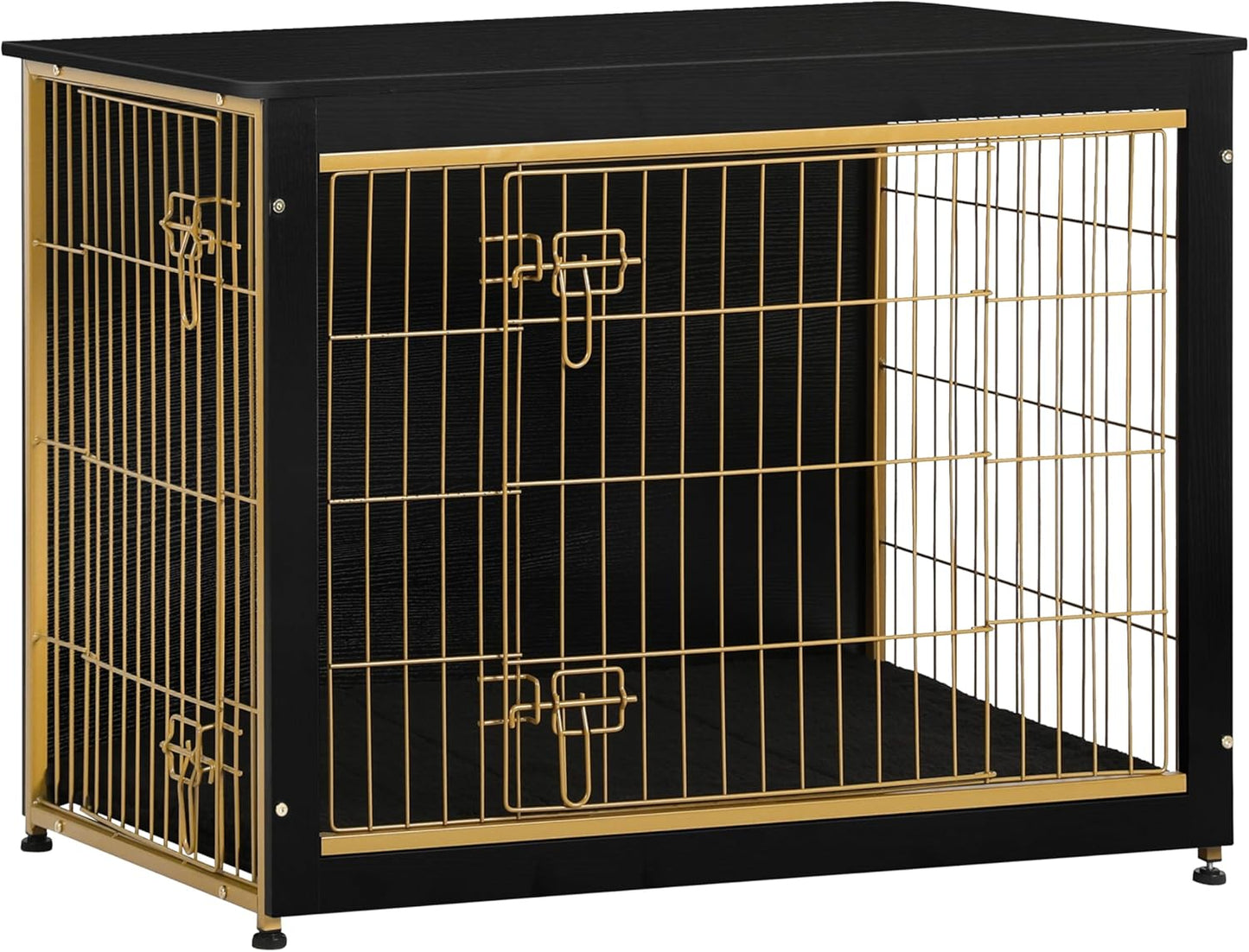 Dog Crate Furniture with Cushion, Wooden Kennel Table with Double Doors, Indoor Dog House, Large Size, 38.5" L, Black+Gold