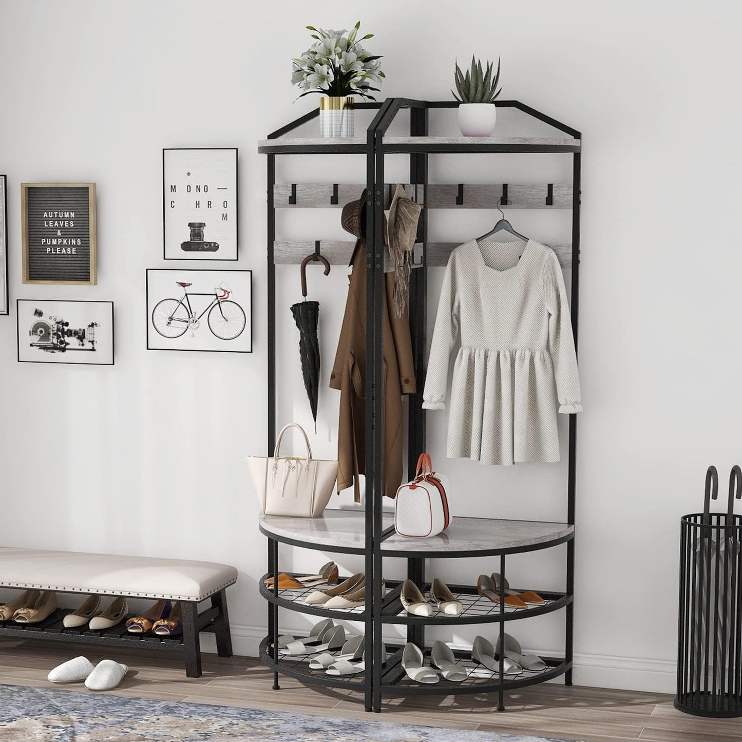 Grey Corner Hall Tree with Shoe Bench Entryway Coat Rack with 10 Metal Movable Hooks Rustic Farmhouse Floorstanding Clothes Rack Shoes Shelf Organizer for Home Office Bedroom (Greige)
