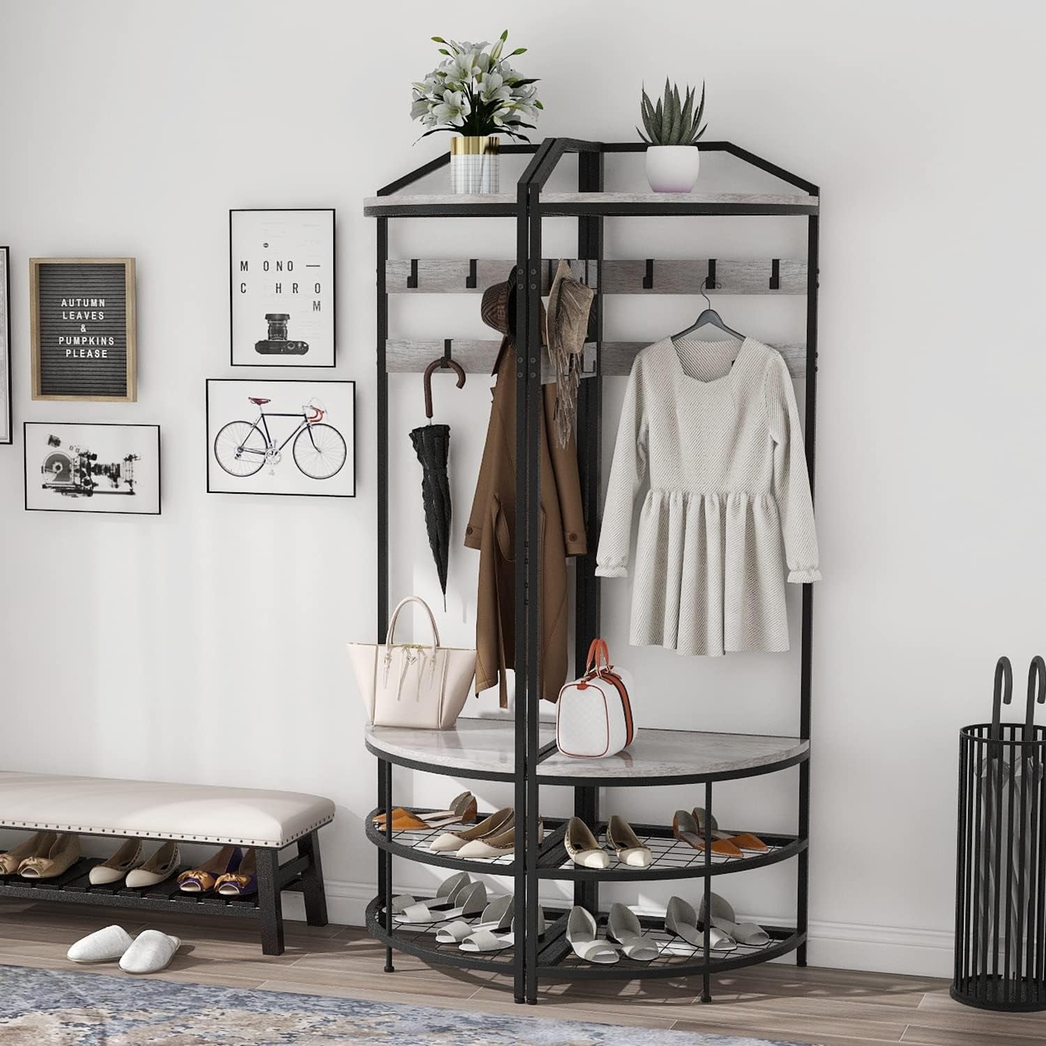 Grey Corner Hall Tree with Shoe Bench Entryway Coat Rack with 10 Metal Movable Hooks Rustic Farmhouse Floorstanding Clothes Rack Shoes Shelf Organizer for Home Office Bedroom (Greige)