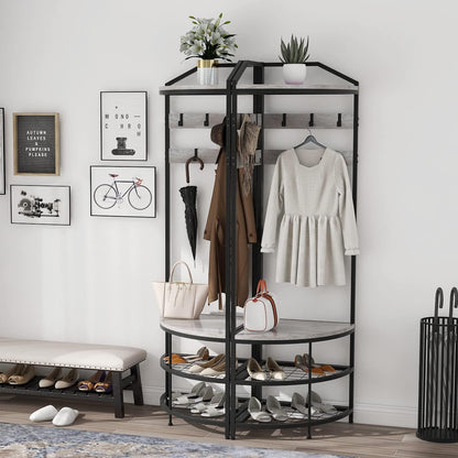 Grey Corner Hall Tree with Shoe Bench Entryway Coat Rack with 10 Metal Movable Hooks Rustic Farmhouse Floorstanding Clothes Rack Shoes Shelf Organizer for Home Office Bedroom (Greige)