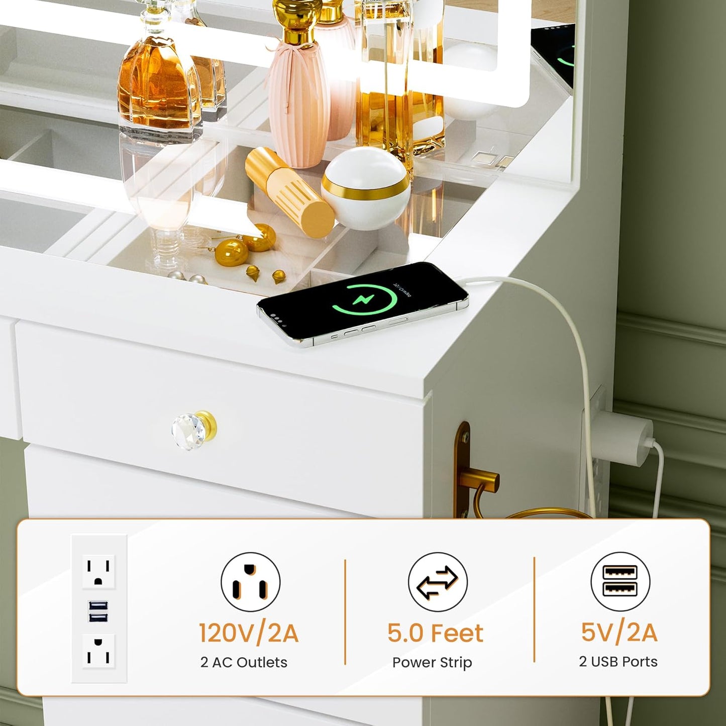 11 Drawers Glass Top Vanity Desk with Chair, Crystal Handles Makeup Vanity with Mirror and Lights, Dressing Table with Power Outlet, Adjustable Lighting Modes, White