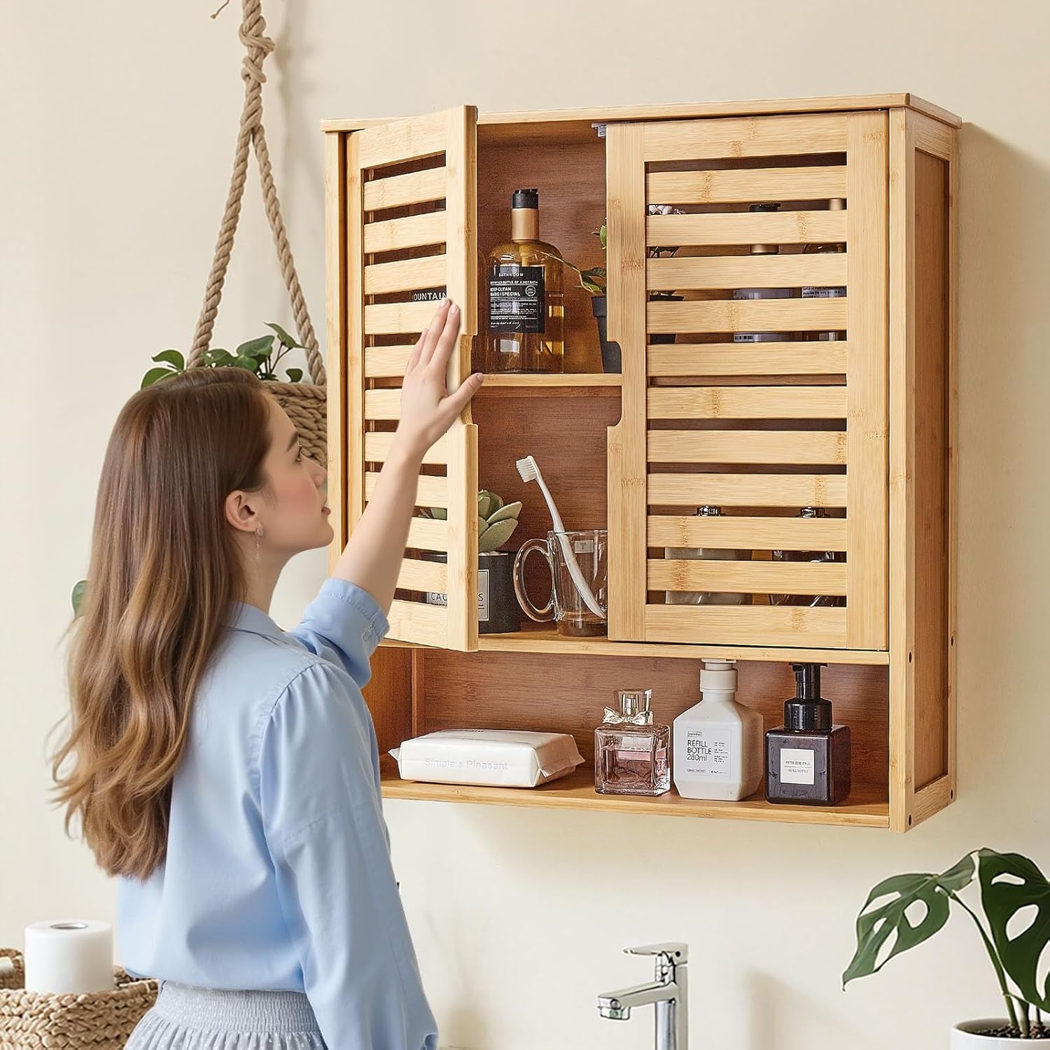 Bathroom Wall Cabinet, 2 Doors and Adjustable Shelf, over the Toilet Storage Medicine Cabinet Wall Mounted, Hanging Organizer with Shelves and Open Partition for Laundry Room Kitchen Restroom