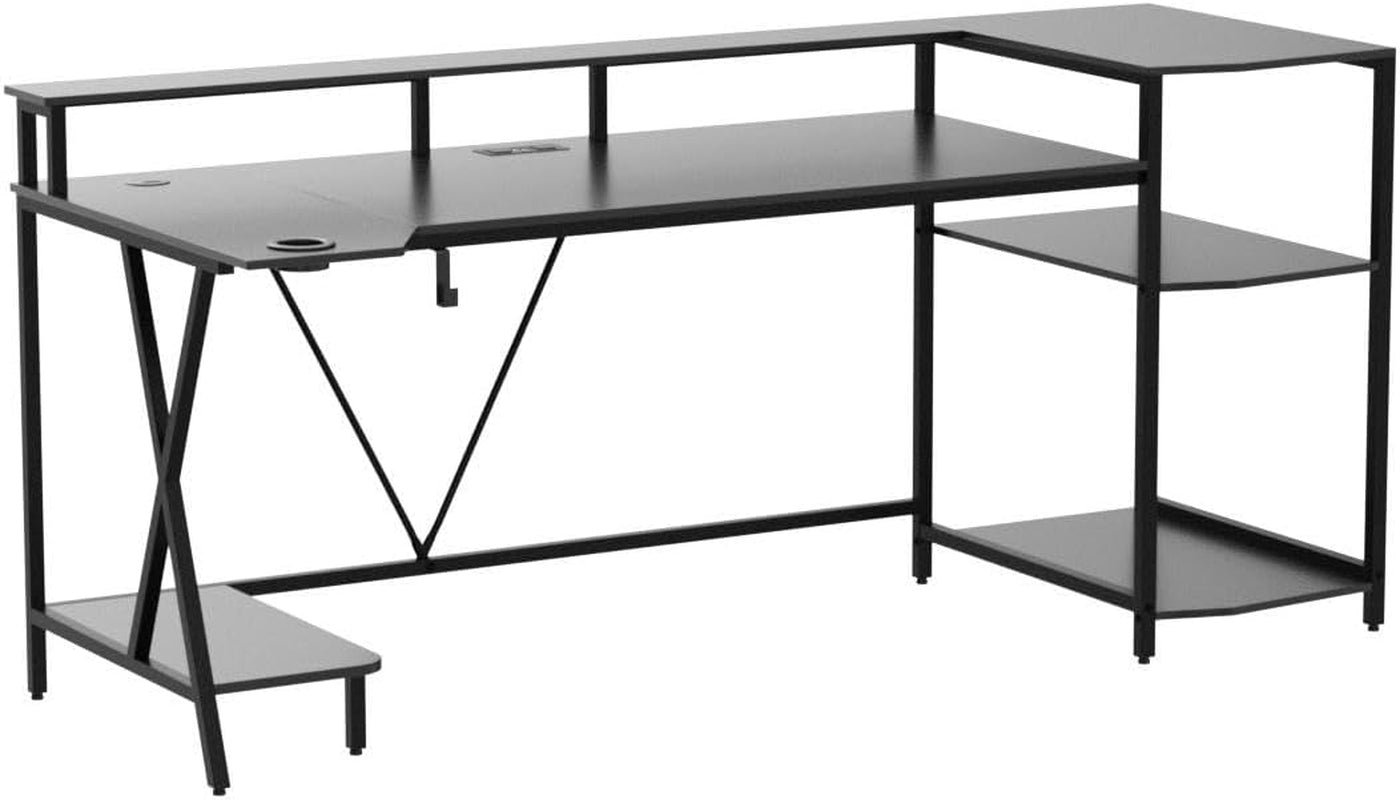 Gaming Desk 70.8'' with LED Lights and Storage Shelves, Computer Desk with Monitor Stand, Power Outlets and Cup Holder, Large PC Gamer Desk, Gaming Table for Bedroom, Living Room, Black