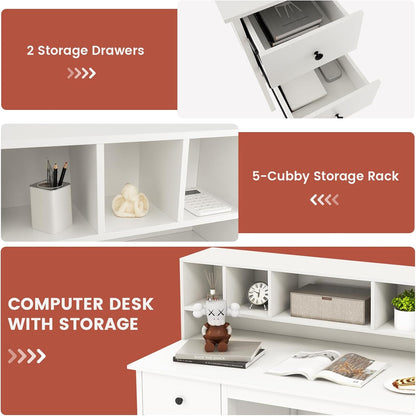 White Desk with Drawers & Hutch, Modern Home Office Desk Writing Study Desk with Charging Station, Laptop Desk with 5 Storage Compartments, Computer Workstation Makeup Vanity Desk