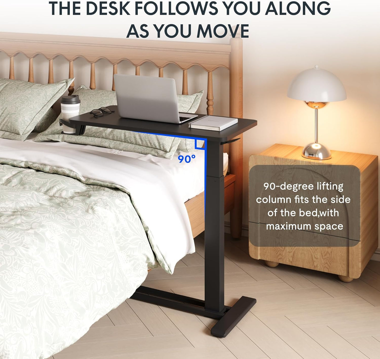 H7 Adjustable Overbed Bedside Table with Wheels Pneumatic Mobile Standing Desk Laptop Desk Rolling Computer Cart Movable Overbed Tables Hospital Home Use(27.6" W X 15.7" D, Black Table)