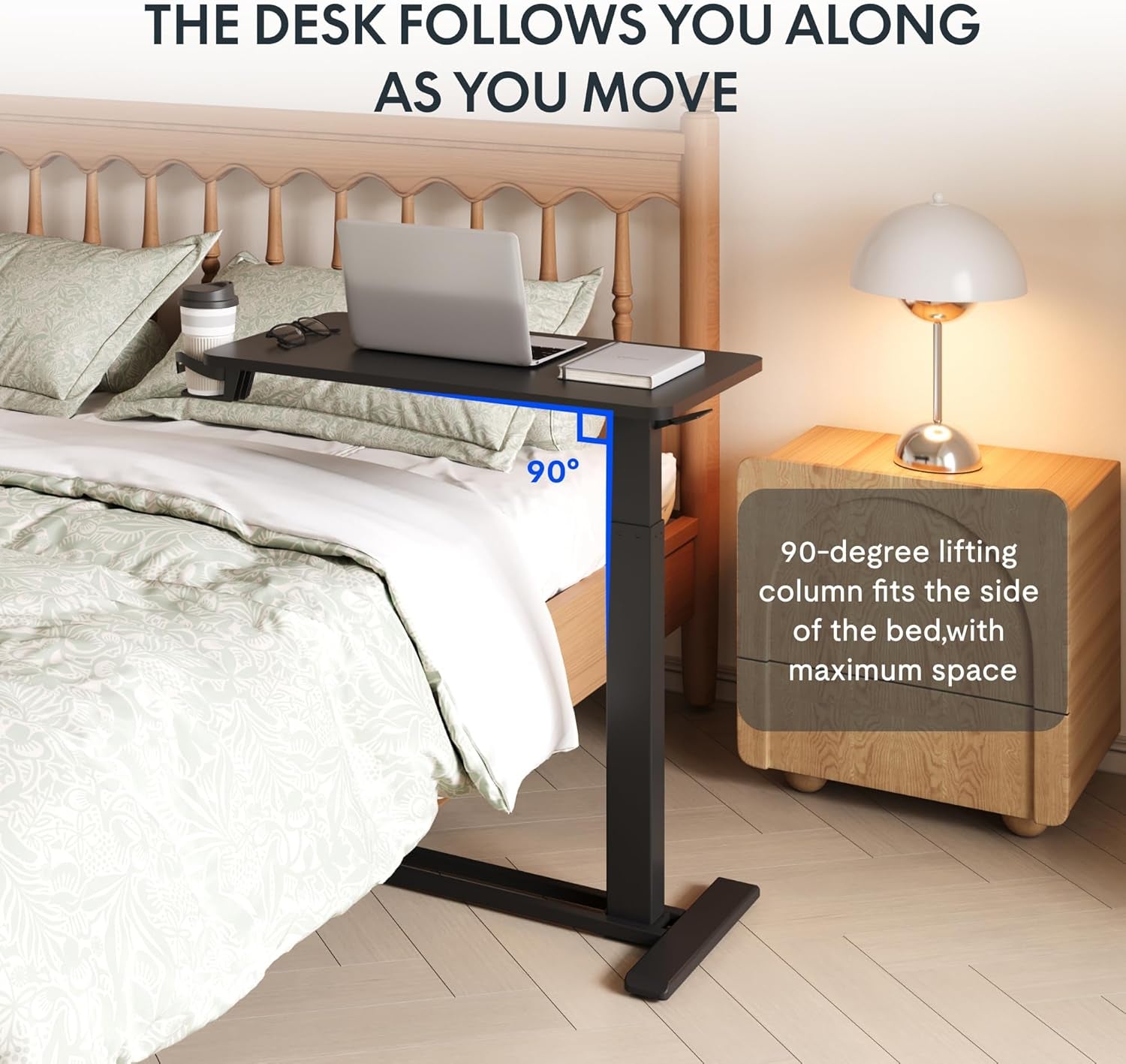 H7 Adjustable Overbed Bedside Table with Wheels Pneumatic Mobile Standing Desk Laptop Desk Rolling Computer Cart Movable Overbed Tables Hospital Home Use(27.6" W X 15.7" D, Black Table)