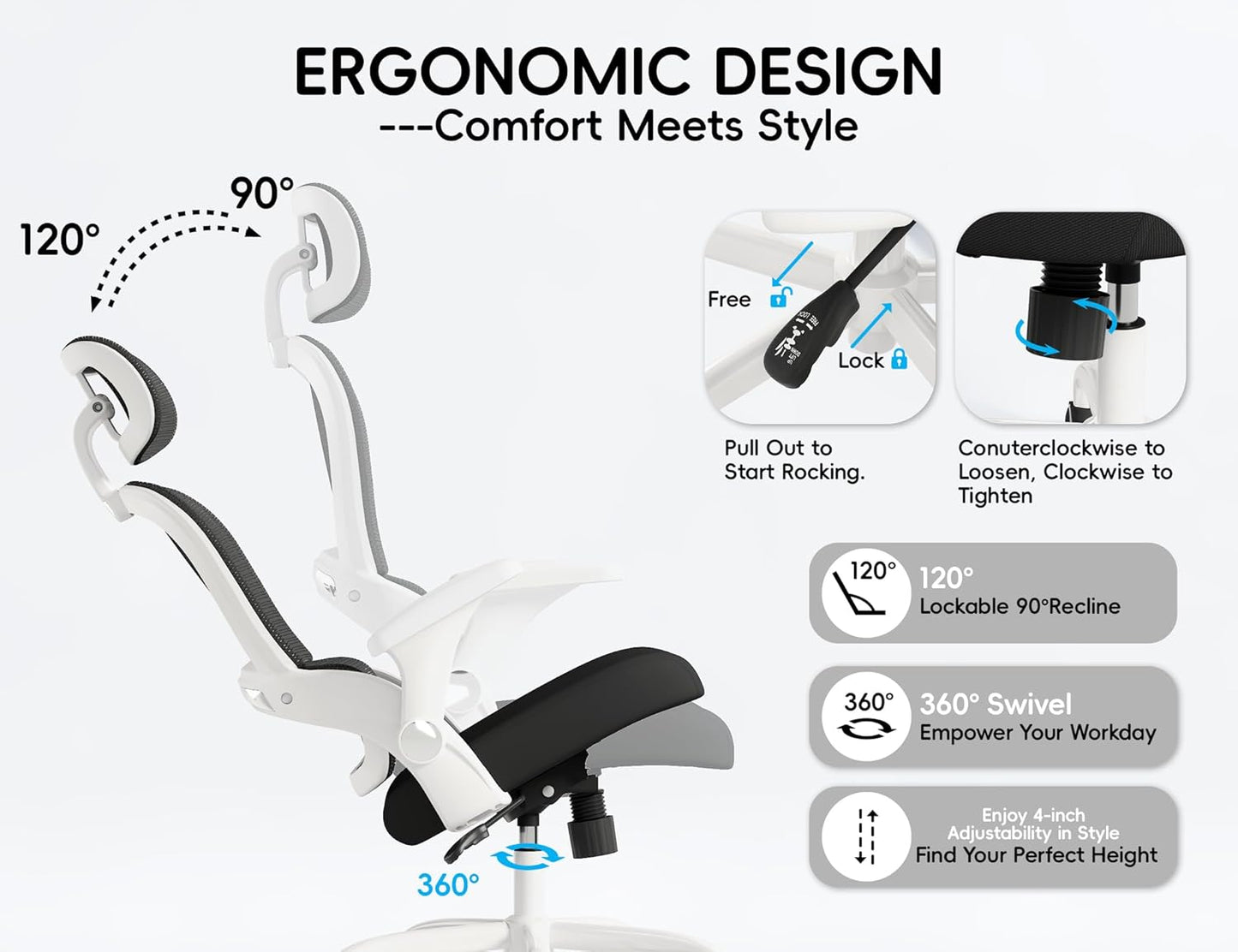 Office Chair - Ergonomic Office Chair with Back Support, Computer Chair - Home Office Desk Chairs, 330Lbs Wide Seat Big and Tall Office Chairs with Headrest, Comfy Desk Chairs (White Black)