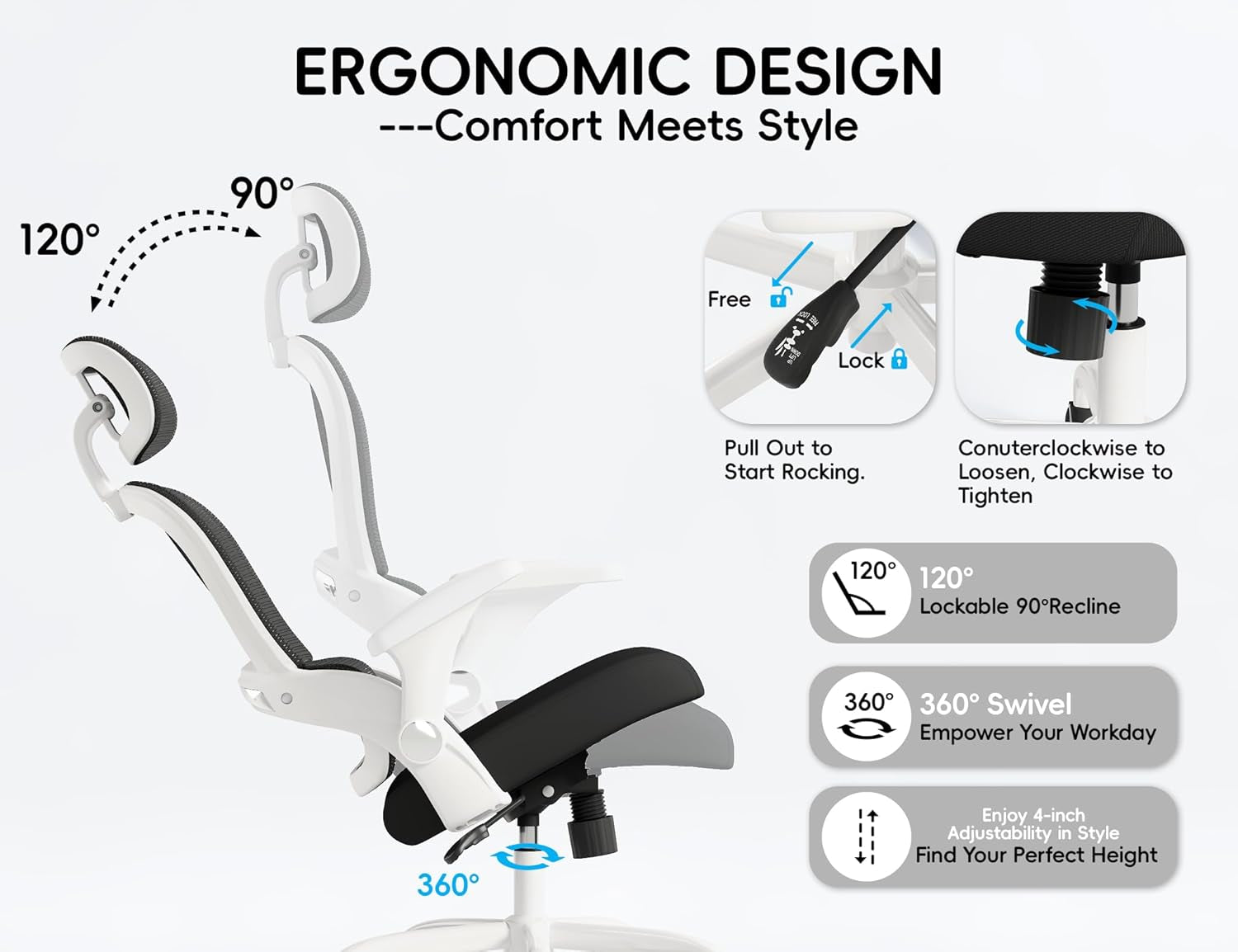 Office Chair - Ergonomic Office Chair with Back Support, Computer Chair - Home Office Desk Chairs, 330Lbs Wide Seat Big and Tall Office Chairs with Headrest, Comfy Desk Chairs (White Black)