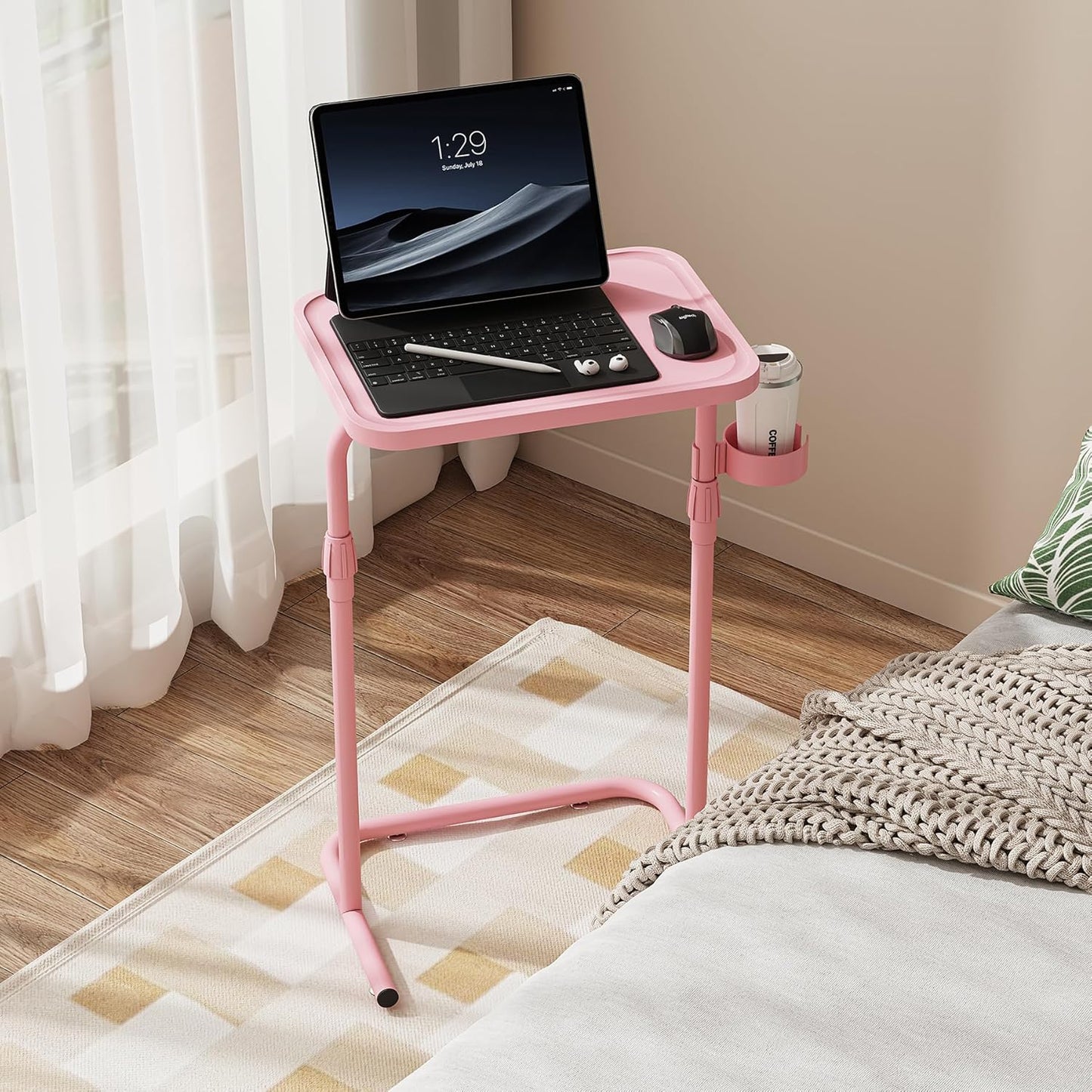 C Shaped End Table with Tiltable Surface, Adjustable Height Side Table, Slide under Couch Table TV Tray for Eating, Sofa Tray for Livingroom, Bedroom Pink TB01BP091