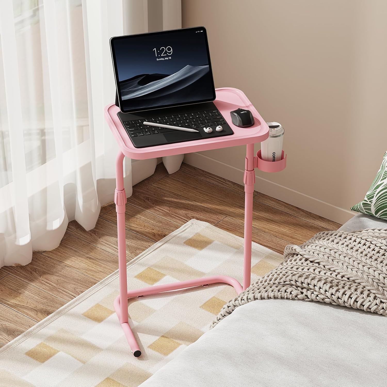 C Shaped End Table with Tiltable Surface, Adjustable Height Side Table, Slide under Couch Table TV Tray for Eating, Sofa Tray for Livingroom, Bedroom Pink TB01BP091
