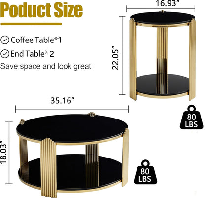 Round Living Room Table Set of 3 Include 1 Coffee Table and 2 End Tables, Black Tempered Glass Top, Sturdy Steel Frame, Gold Finish & Lower Shelf, Black Gold Coffee End Table Set for Living Room