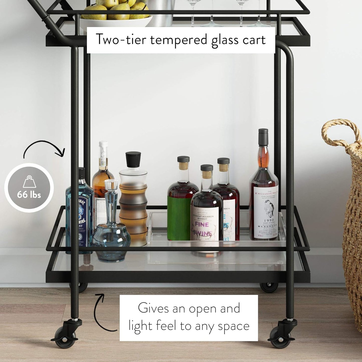 Sally Rolling Bar or Cart for Tea or Cocktail, 2-Tiered Glass and Metal, Black