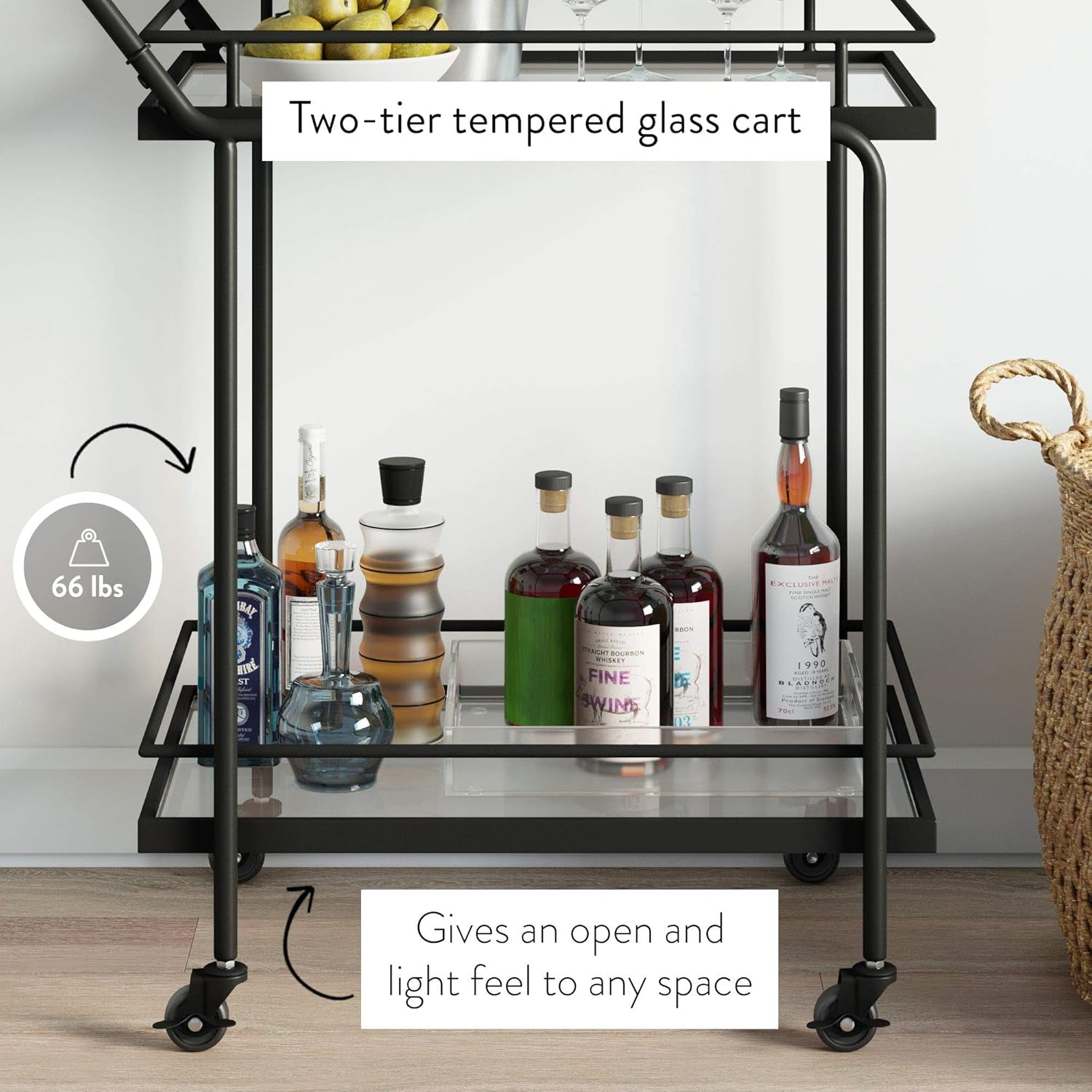 Sally Rolling Bar or Cart for Tea or Cocktail, 2-Tiered Glass and Metal, Black