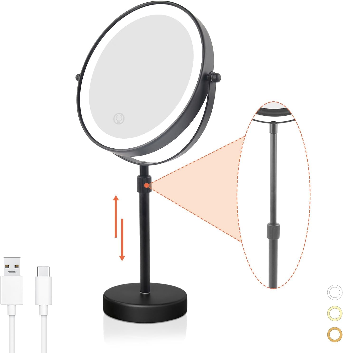 LED Lighted Makeup Mirror Tabletop, 1X/5X Magnifying Mirror with 3 Color Lights, Brightness Adjustable Height Adjustable, Black