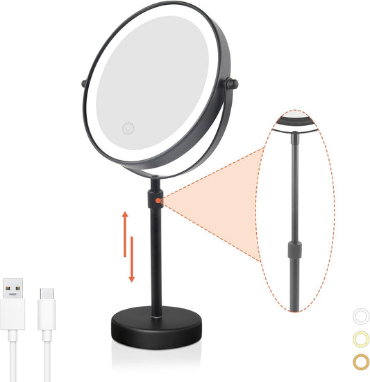 LED Lighted Makeup Mirror Tabletop, 1X/5X Magnifying Mirror with 3 Color Lights, Brightness Adjustable Height Adjustable, Black