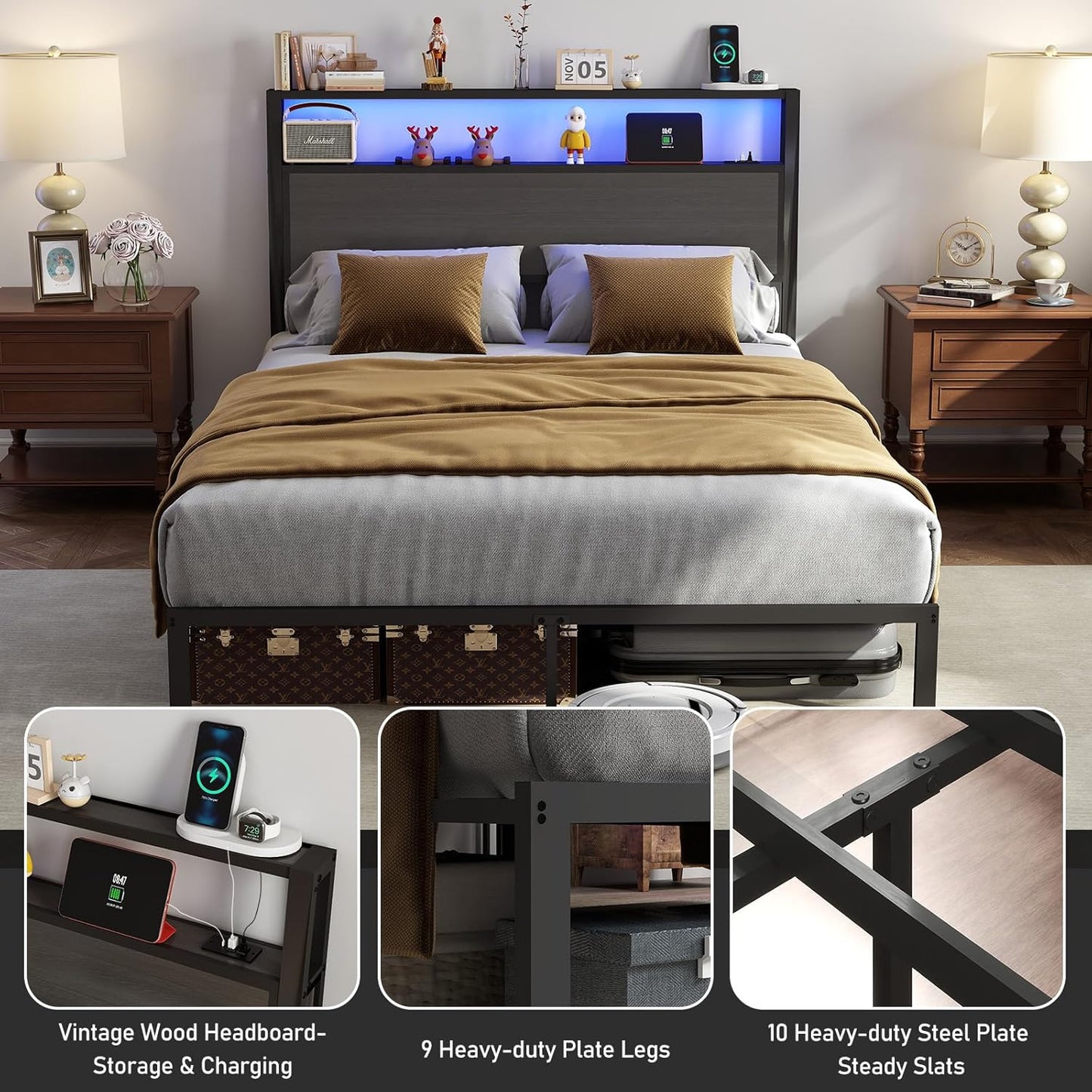 Queen Size Bed Frame with Headboard, Metal Platform Bed Frame with LED Lights & Charging Station, under Bed Storage, Solid and Stable, No Box Spring Needed, Noise Free, Easy Assembly, Dark Grey