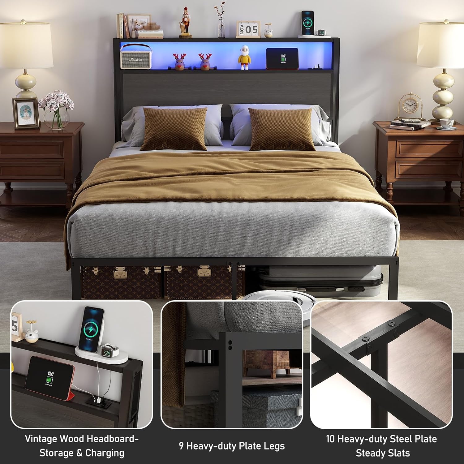 Queen Size Bed Frame with Headboard, Metal Platform Bed Frame with LED Lights & Charging Station, under Bed Storage, Solid and Stable, No Box Spring Needed, Noise Free, Easy Assembly, Dark Grey
