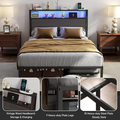 Queen Size Bed Frame with Headboard, Metal Platform Bed Frame with LED Lights & Charging Station, under Bed Storage, Solid and Stable, No Box Spring Needed, Noise Free, Easy Assembly, Dark Grey