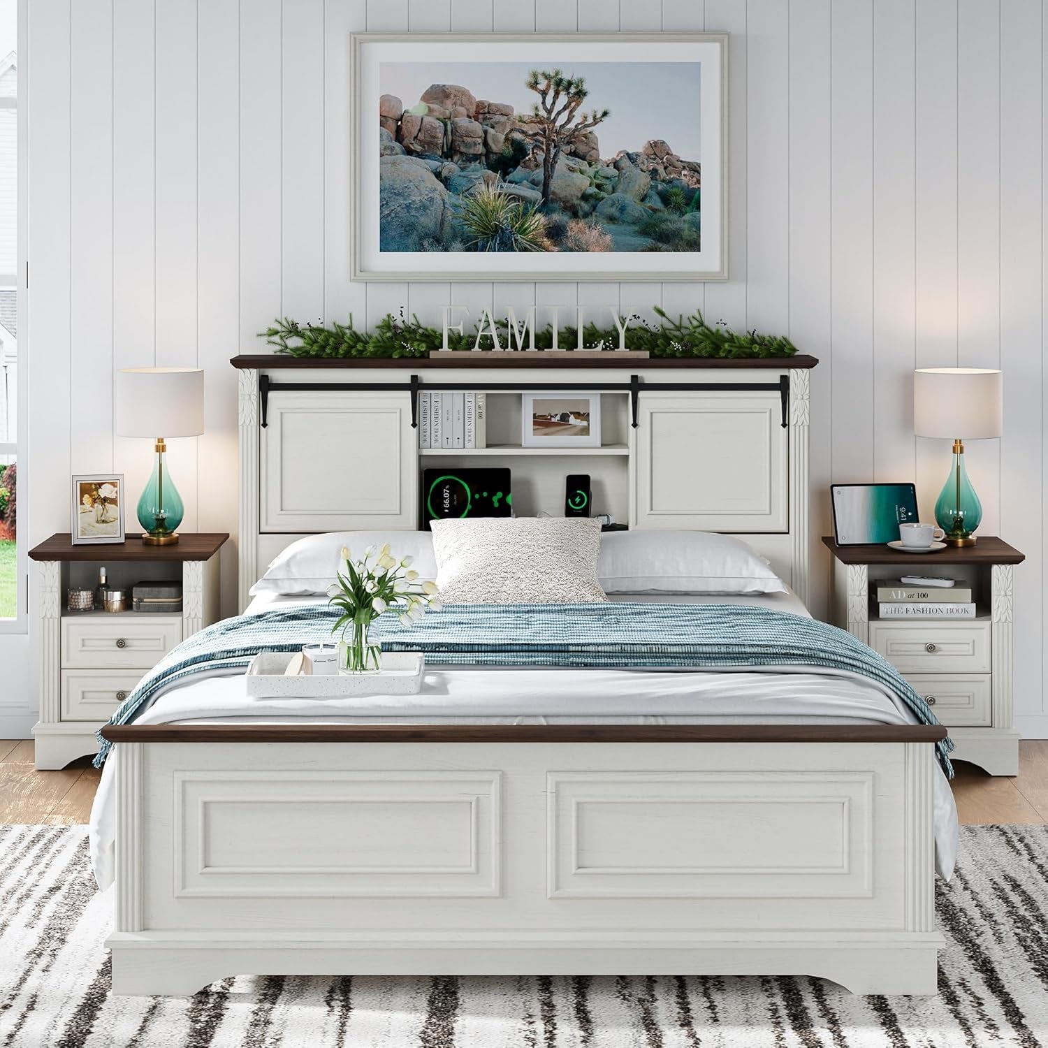 Farmhouse Queen Size Bed Frame with Storage Bookcase Headboard, Wood Platform Bed Frame W/Charging Station, Bracket Footboard, 2 Large Sliding Barn Doors, No Box Spring Needed - Antique White