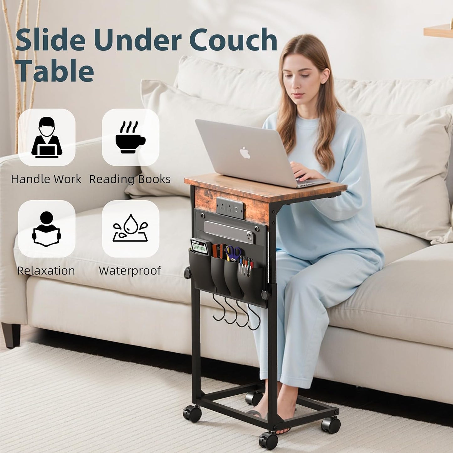 Adjustable Height Couch Table with USB-C Charging Station & Pocket Storage – Compact Couch Stand with Hooks & Wheels for Small Spaces & Living Room, Adjustable C Table