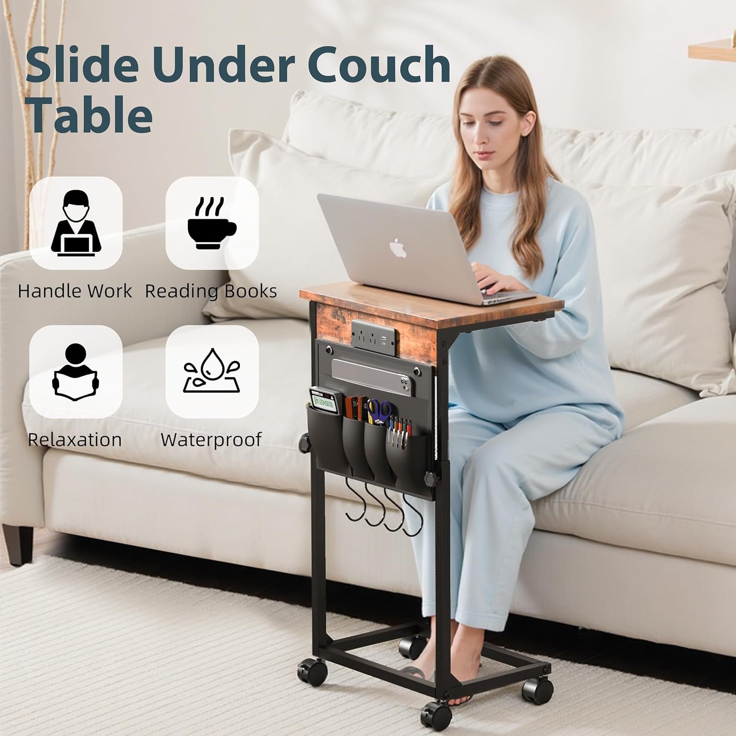 Adjustable Height Couch Table with USB-C Charging Station & Pocket Storage – Compact Couch Stand with Hooks & Wheels for Small Spaces & Living Room, Adjustable C Table