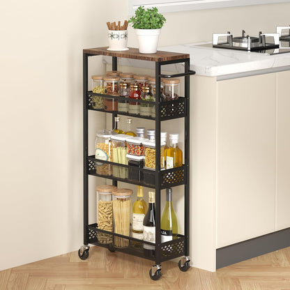 Slim Storage Cart 4 Tier Narrow Kitchen Rolling Cart on Wheels for Small Space, Mobile Utility Cart Shelving Unit with Wooden Top and Metal Handle for Kitchen, Bathroom, Laundry Room