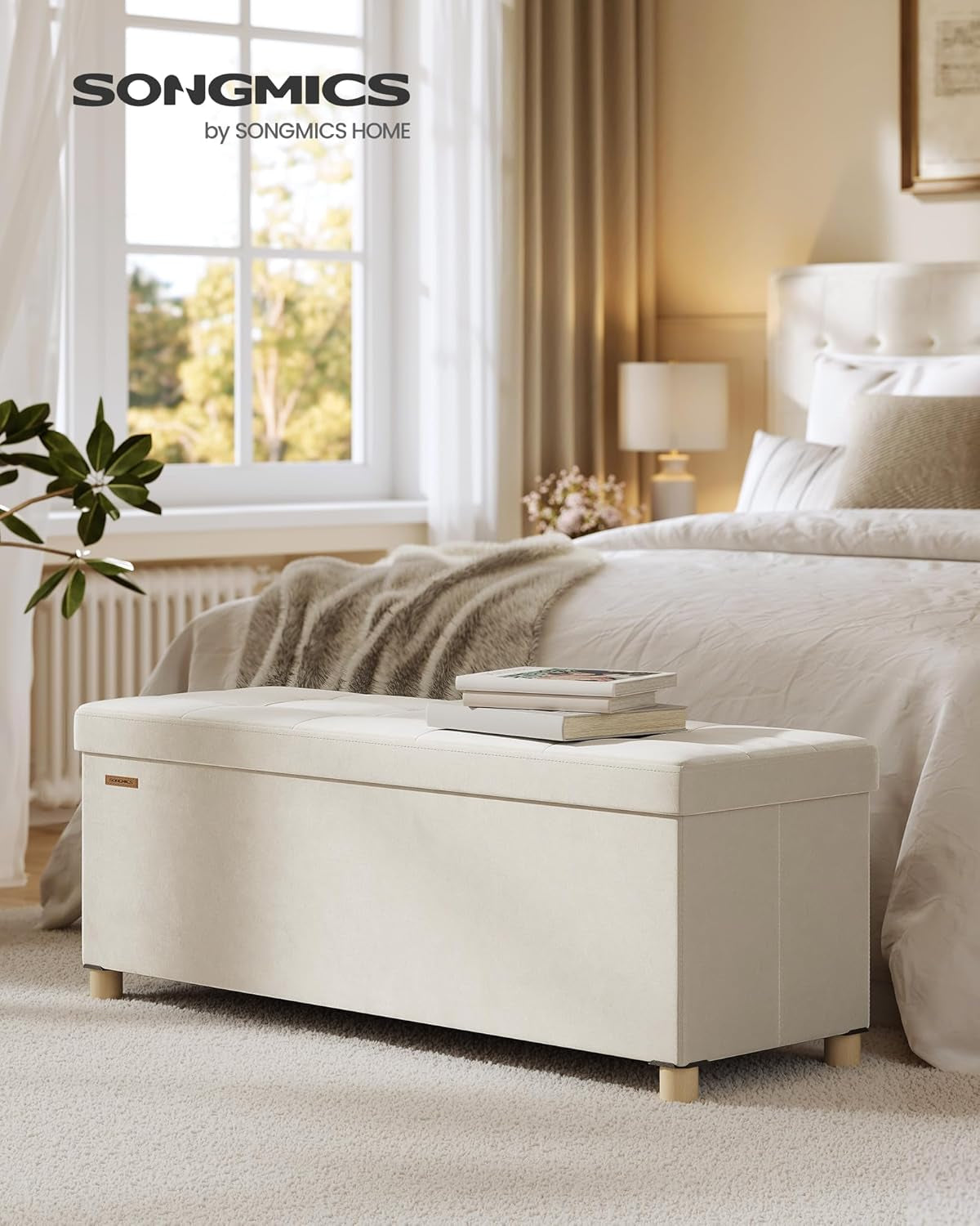 Storage Ottoman Bench, Folding Storage Chest, 15 X 43.3 X 15.7 Inches, Foot Rest Stool, 30 Gal. (112 L), Velvet Surface, for Bedroom, Entryway, Living Room, Cappuccino Beige ULSF0518W02