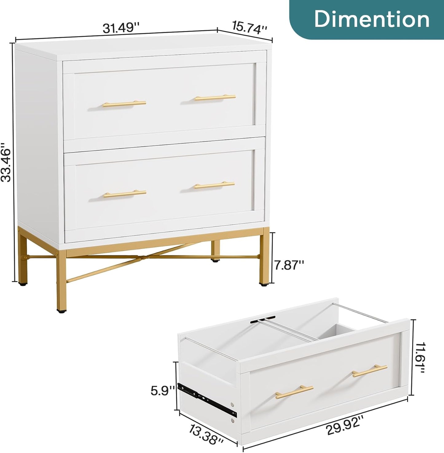 Modern White 2 Drawer File Cabinet, Lateral Filing Cabinet for Letter/Legal/A4 Size, Wood File Storage Cabinets Printer Stand with Storage for Home, Office, White and Gold