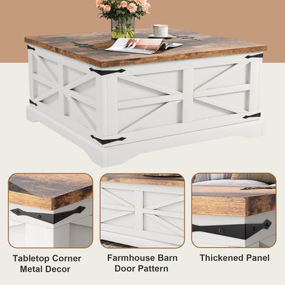 Farmhouse Coffee Table with Storage, Square Coffee Tables for Living Room, Rustic Wood Center Table with Hinged Lifting Tabletop for Home, White