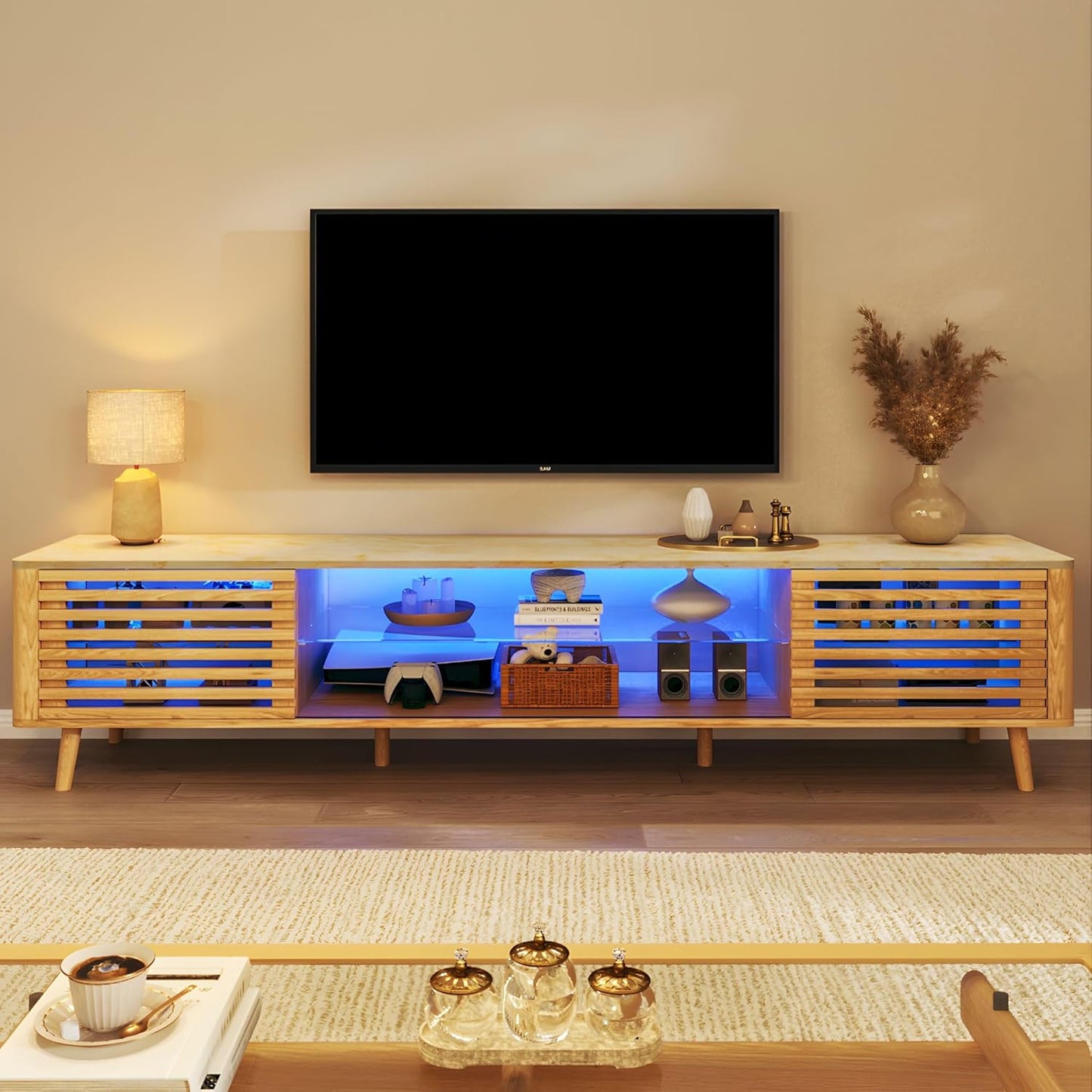 70" TV Stand for 55/65/75 Inch TV, Faux Marble Top Entertainment Center with Slatied Sliding Door & LED Lights, Mid Century Modern Style, Low TV Console with Glass Shelves for Bedroom