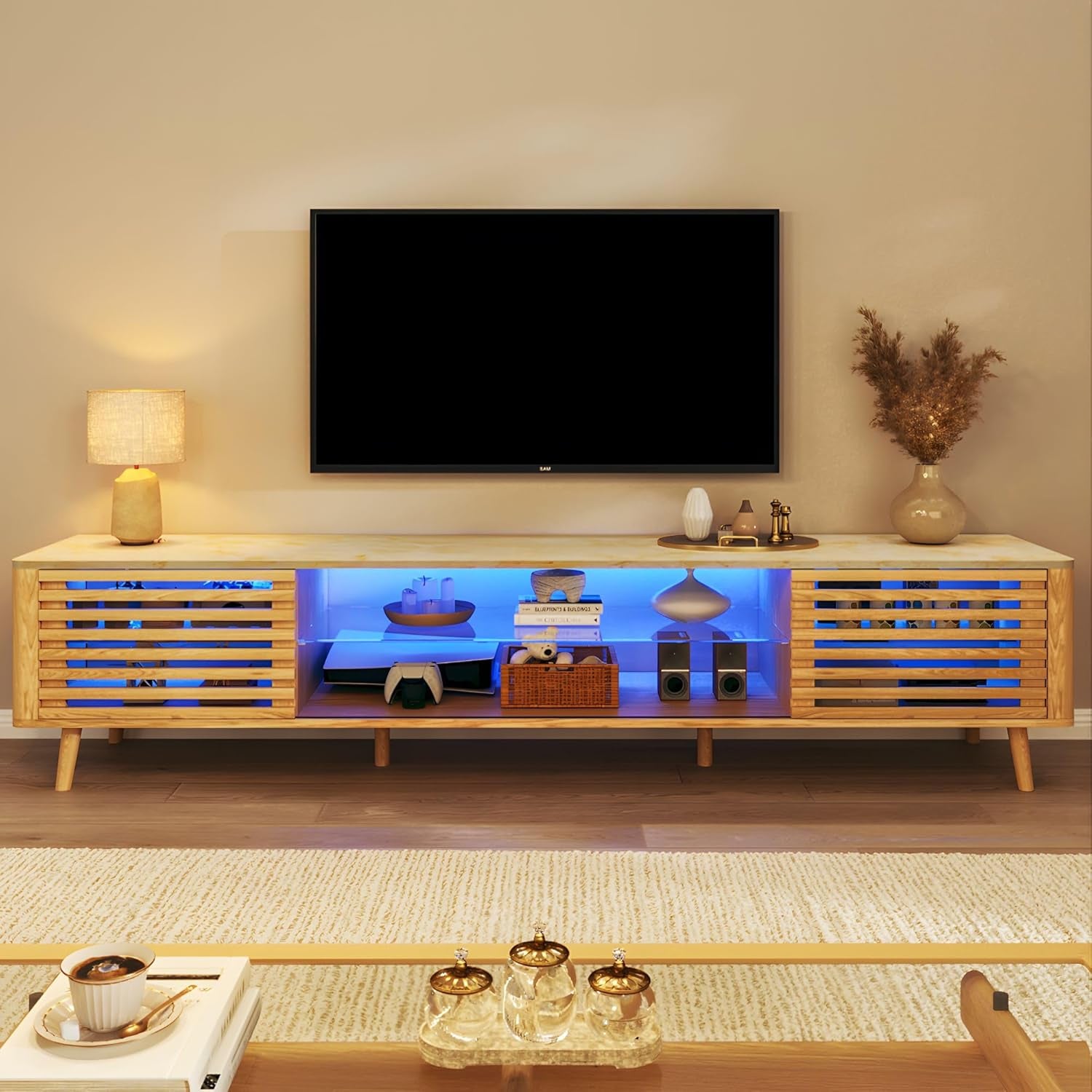 70" TV Stand for 55/65/75 Inch TV, Faux Marble Top Entertainment Center with Slatied Sliding Door & LED Lights, Mid Century Modern Style, Low TV Console with Glass Shelves for Bedroom