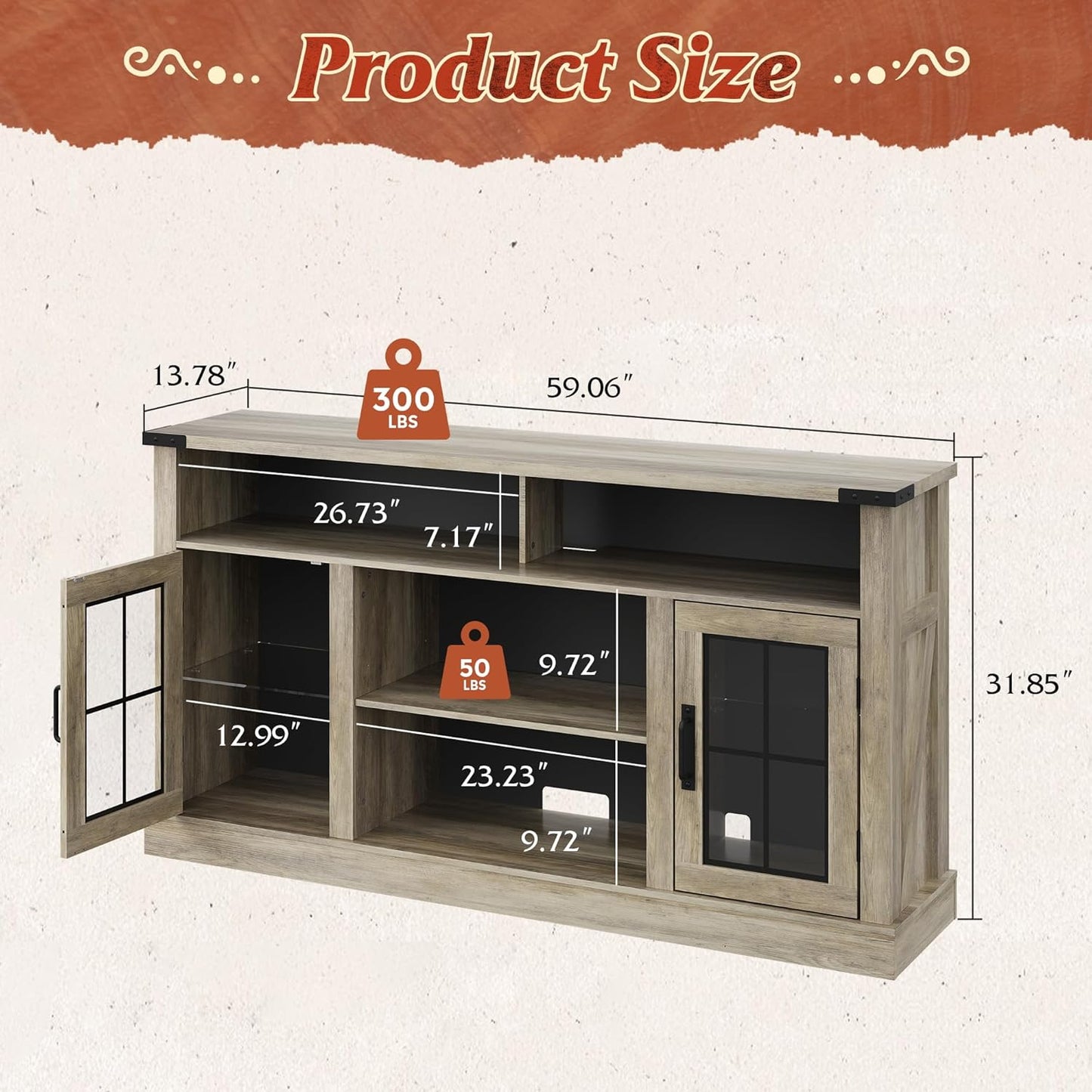 Farmhouse TV Stand for 65 Inch TV, Tall Entertainment Center with LED Lights & Storage Cabinets, TV Media Console Table with Adjustable Shelf for Living Room, Bedroom, Home Theater, Gray Oak