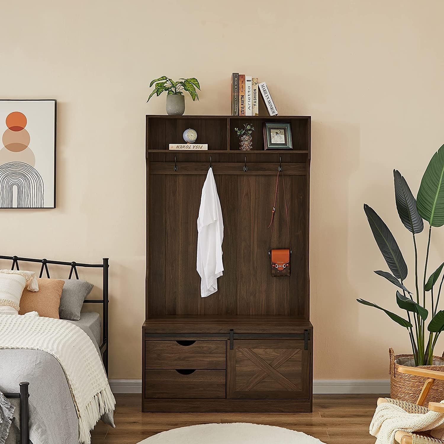 Hall Trees with Bench and Coat Racks, Farmhouse 71 Inch Entryway Bench with Sliding Barn Door, Wood Coat Tree Mudroom Storage Benches with Drawers (Walnut)