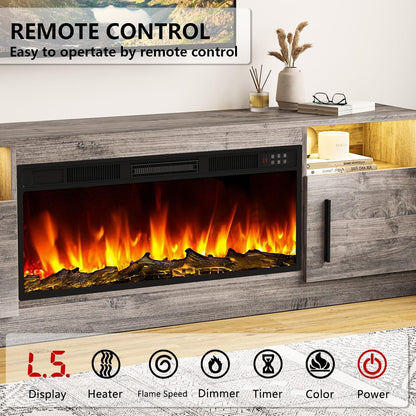 Fireplace TV Stand Entertainment Center with 36" Fireplace, 70" Wooden TV Stand for Tvs up to 80", Modern TV Consoles for Living Room with High Gloss Storage Cabinet and LED Lights (Grey)