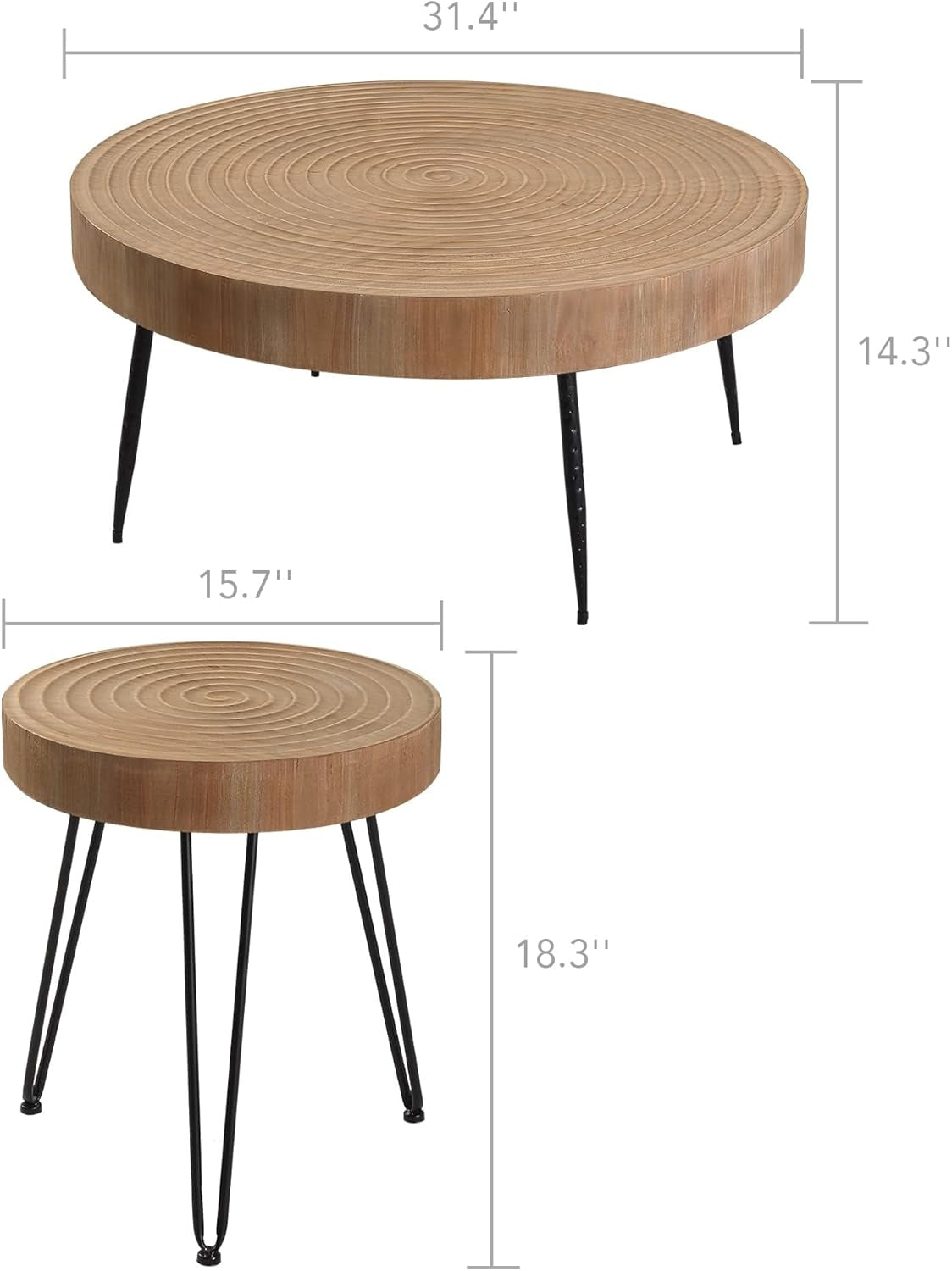 Farmhouse round Coffee Table Set of 2, Cocktail Table Set, Modern Circle Natural Wood Finsh Side and End Table Sets for Living Room(Helical, Natural)