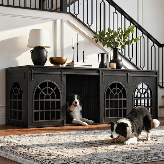90.2" Double Room Dog Crate Furniture with Sliding Doors– Heavy Duty Wooden Dog Kennel with Hinged Divider, TV Stand & End Table for Large to Medium Dogs, Brown (Black)