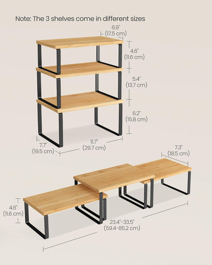 Cabinet Organizer Shelf, Set of 3 Kitchen Counter Shelves, Kitchen Storage, Spice Rack, Stackable, Expandable, Ink Black and Natural Beige UKCS014YL03