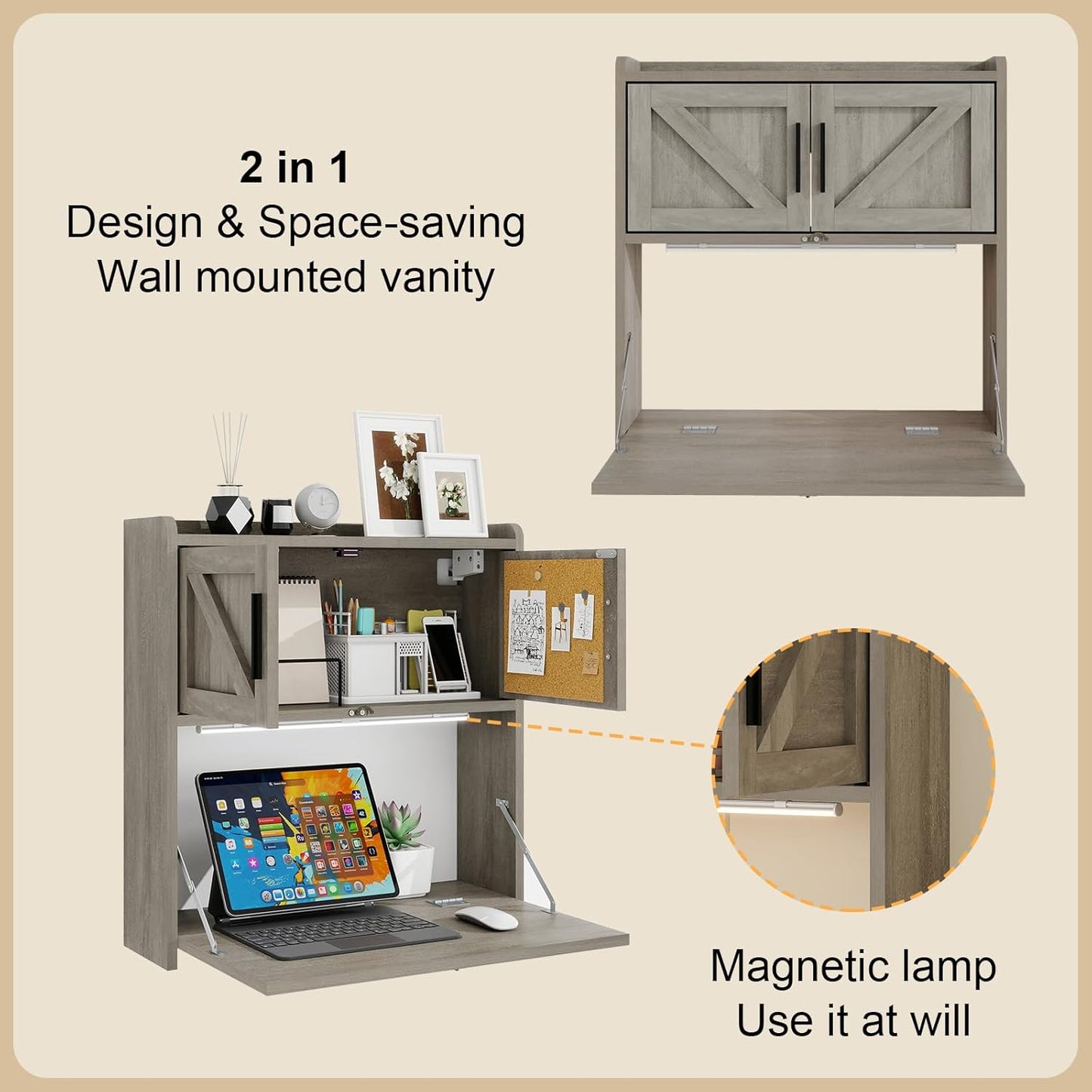 Wall Mounted Desk with LED Light Farmhouse Multifunctional Fold down Laptop Computer Table Writing Workstation with Storage Compartments Space Saving for Home Office, Gray