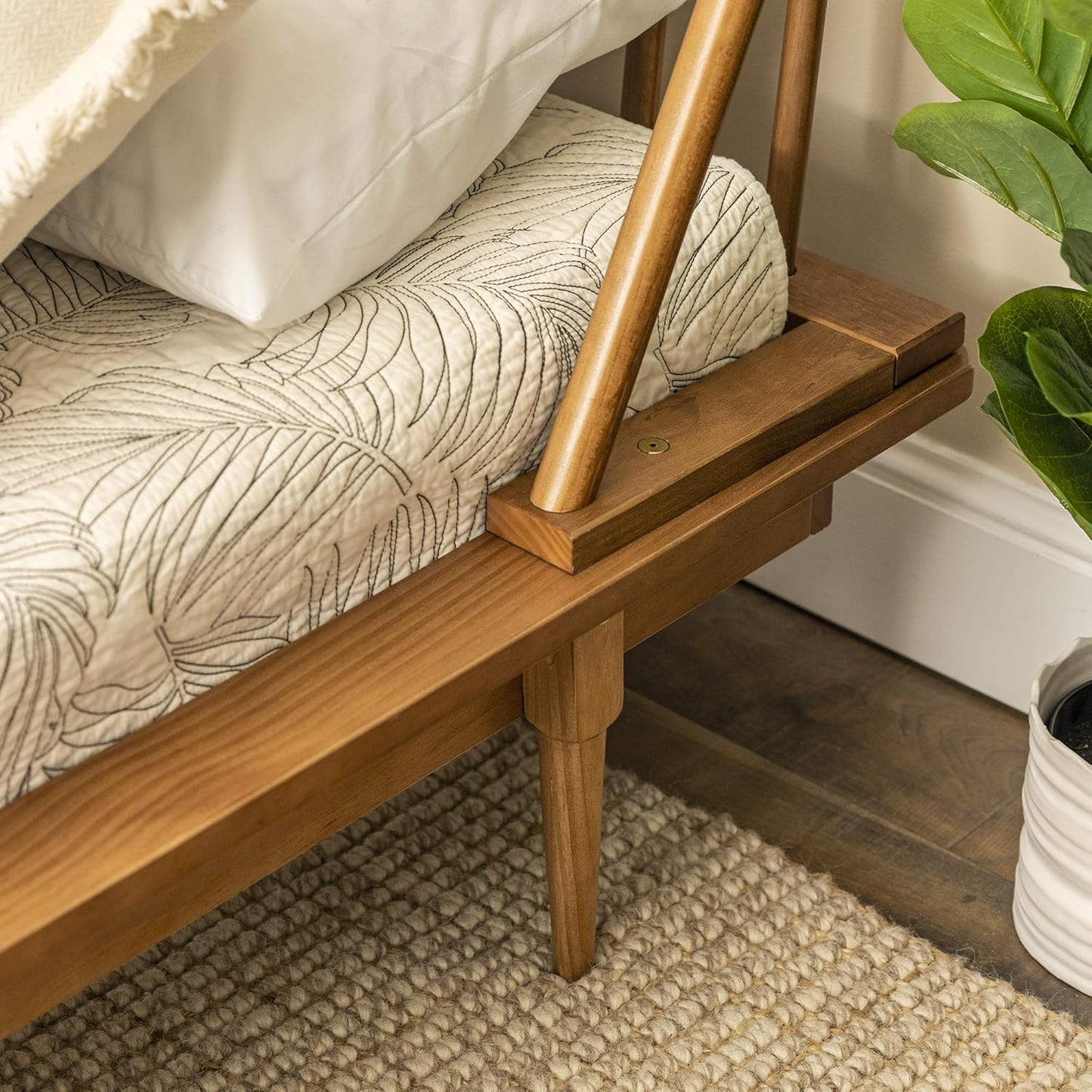 Mid Century Modern Solid Wood Spindle Platform Bed Headboard Footboard Bed Frame Bedroom, Twin, Caramel