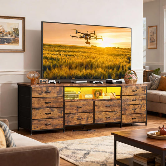 Fits 65,70 Inch Tv Stand, 63" W Entertainment Center with LED Lights & Power Outlets, 12 Long Fabric Dresser for Bedroom, Hallway, Rustic Brown