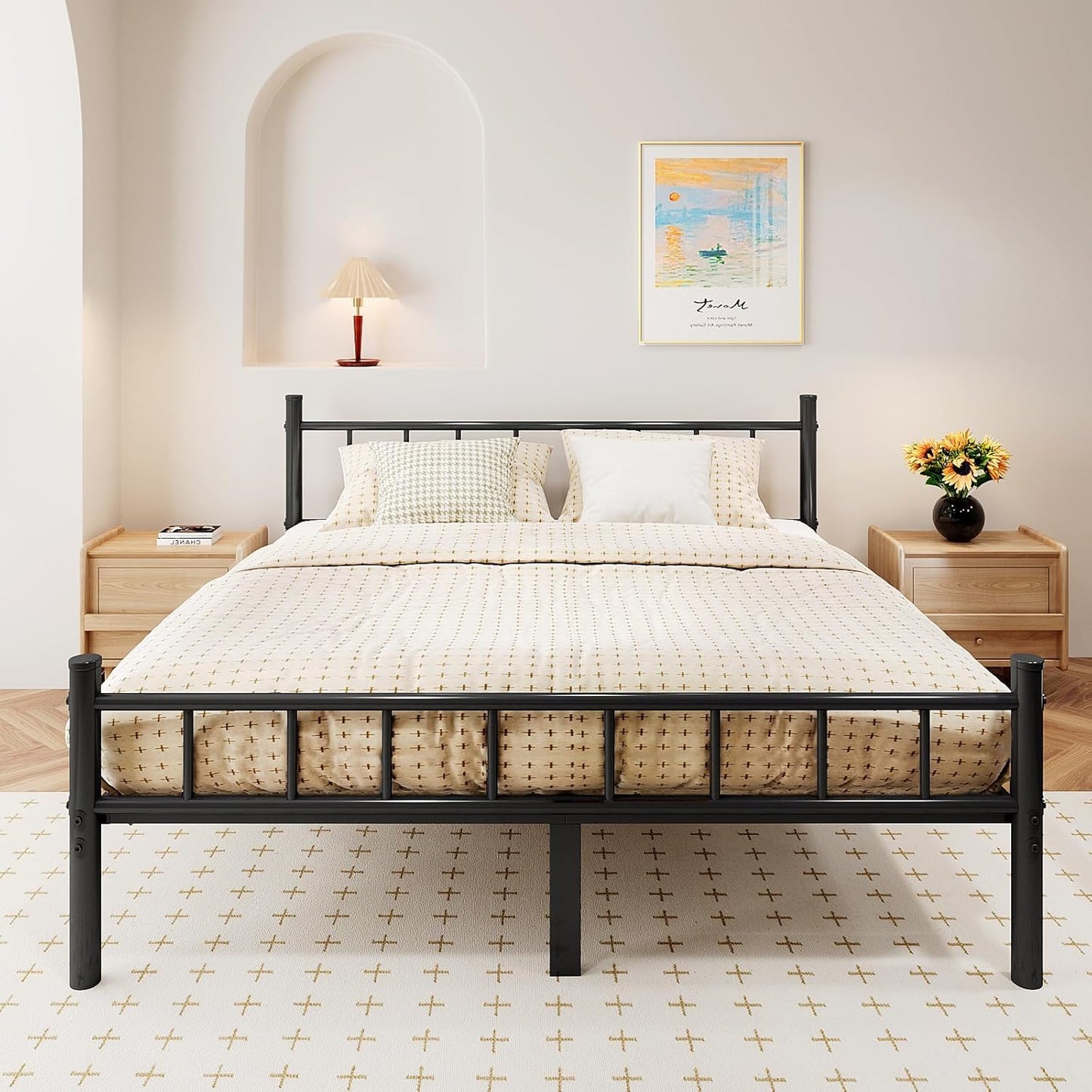 King Size Metal Bed Frame with Headboard & Footboard 14 Inch Metal Platform Mattress Foundation Support with Steel Slat, under Bed Storage, No Box Spring Needed