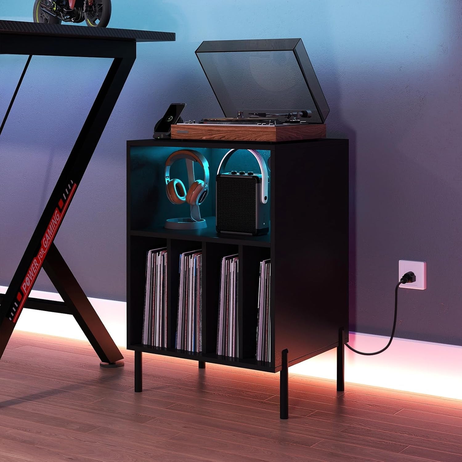 Record Player Stand with LED Lights & Charging Station, Turntable Stand with Record Holder, Record Player Table with Metal Legs, Vinyl Record Storage for Living Room, Music Room, Black