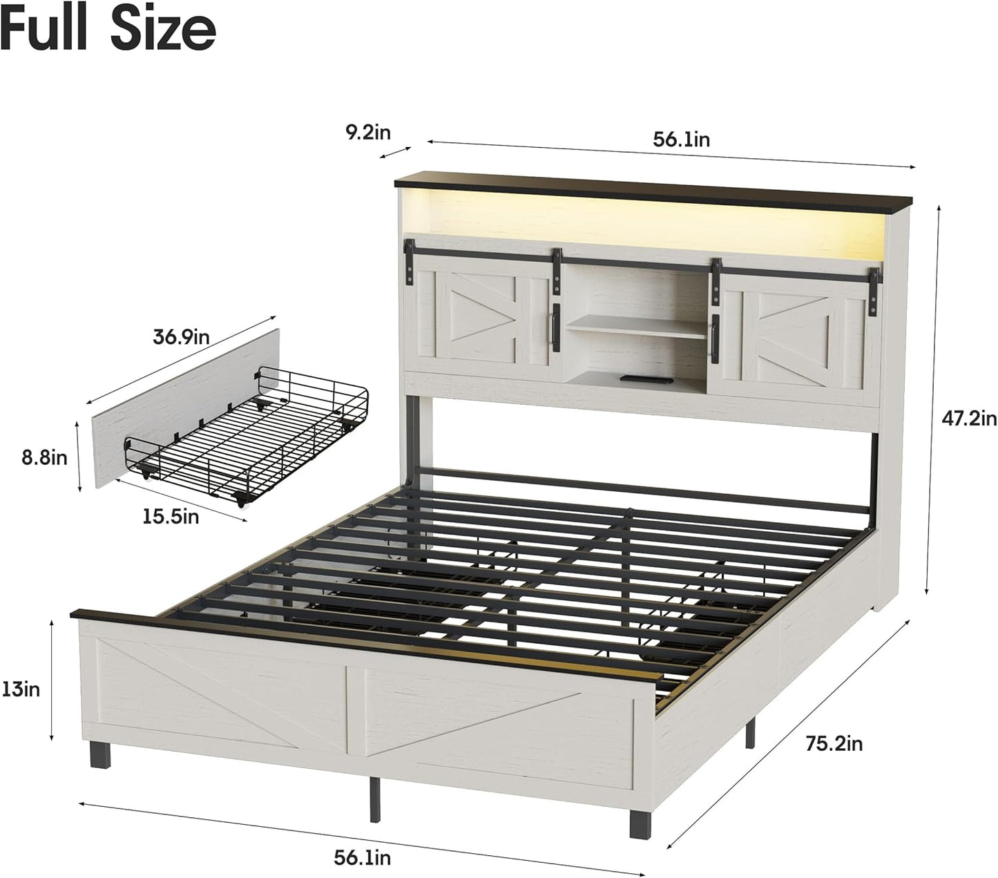 Farmhouse Full Size Bed Frame with 4 Drawers and Bookcase Headboard, Sliding Barn Door Storage Shelves, LED Lights and Charging Station, No Box Spring Needed, Antique White