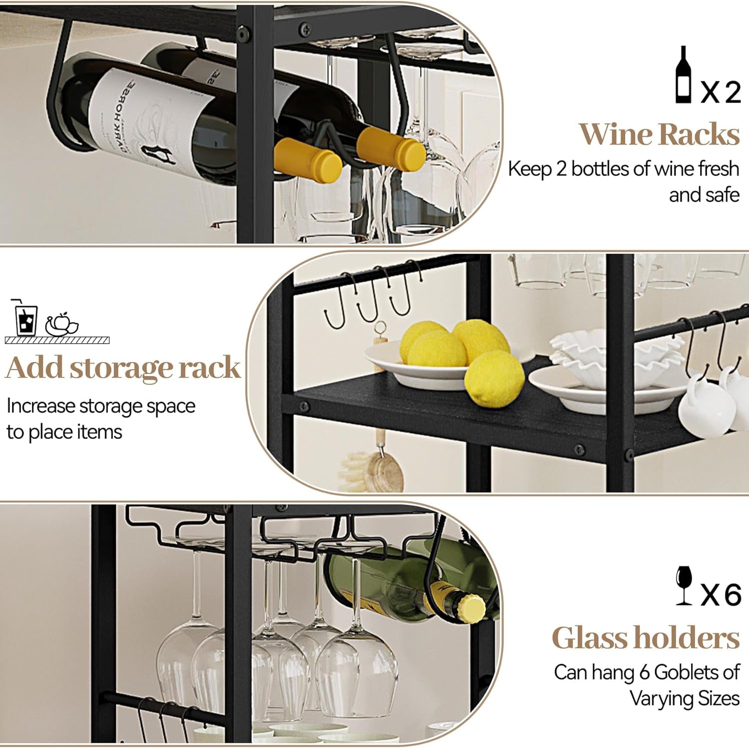 Bar Cart for the Home, 3 Tier Kitchen Carts with Wheels, Small Rolling Cart with Glass Holders, Wine Rack, Mini Bar Cart for Kitchen, Dining Room, Living Room, 13.0" D X 17.0" W X 33.8" H, Black