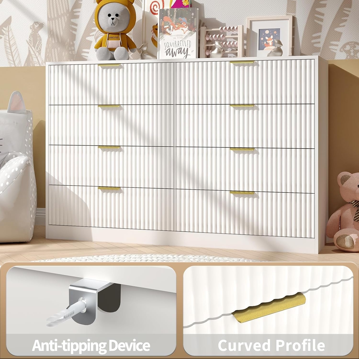 Dresser for Bedroom Set of 2, Fluted 16 Drawers White Dresser Wooden, Modern Bedroom Furniture Set, TV Stand Long Dressers & Chests of Drawers for Closet(15.7" D X 110.2" W X 36" H)
