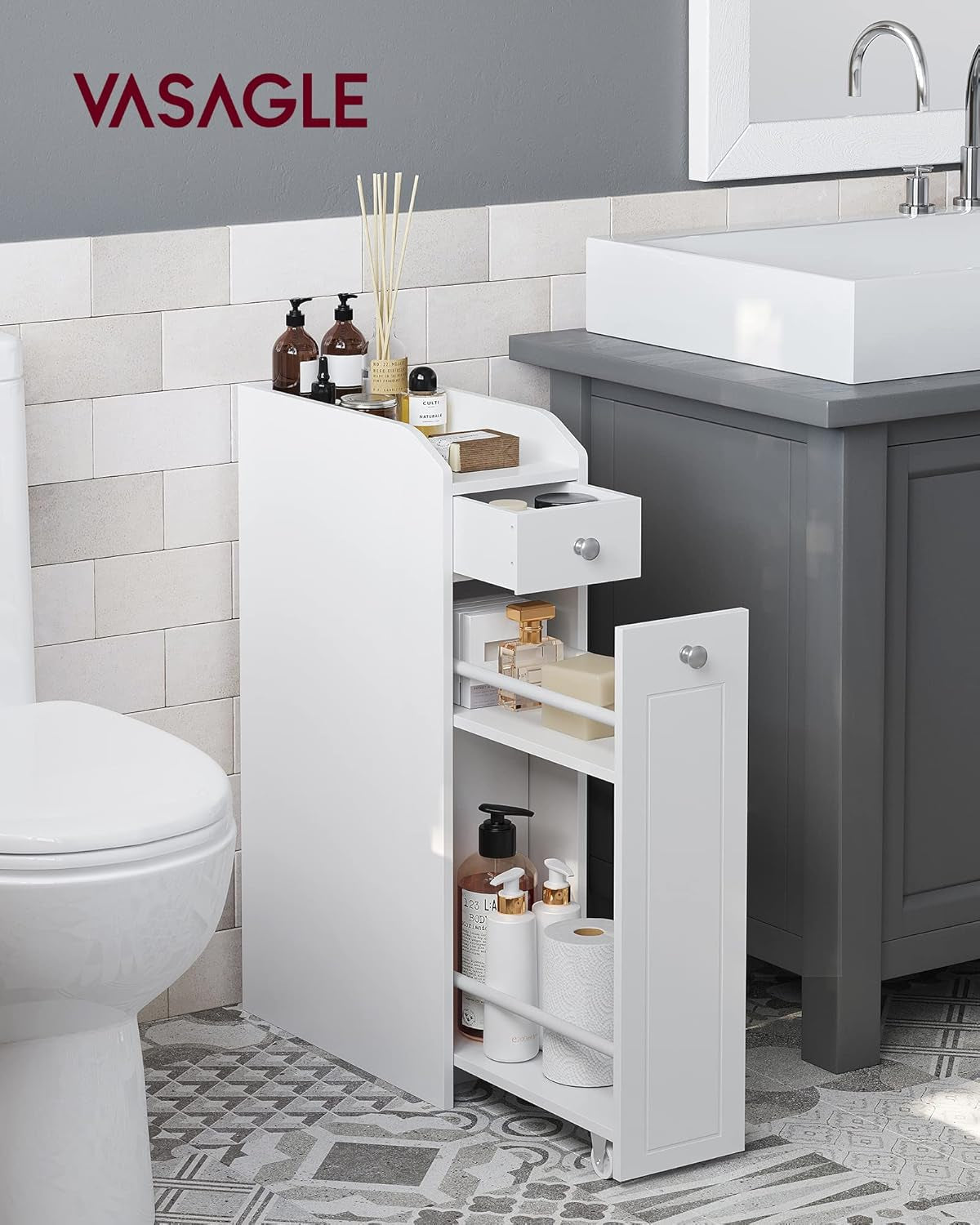 Small Bathroom Storage Cabinet, Slim Organizer with Slide Out Drawers, Toilet Paper Holder, for Small Spaces, White UBBC847P31