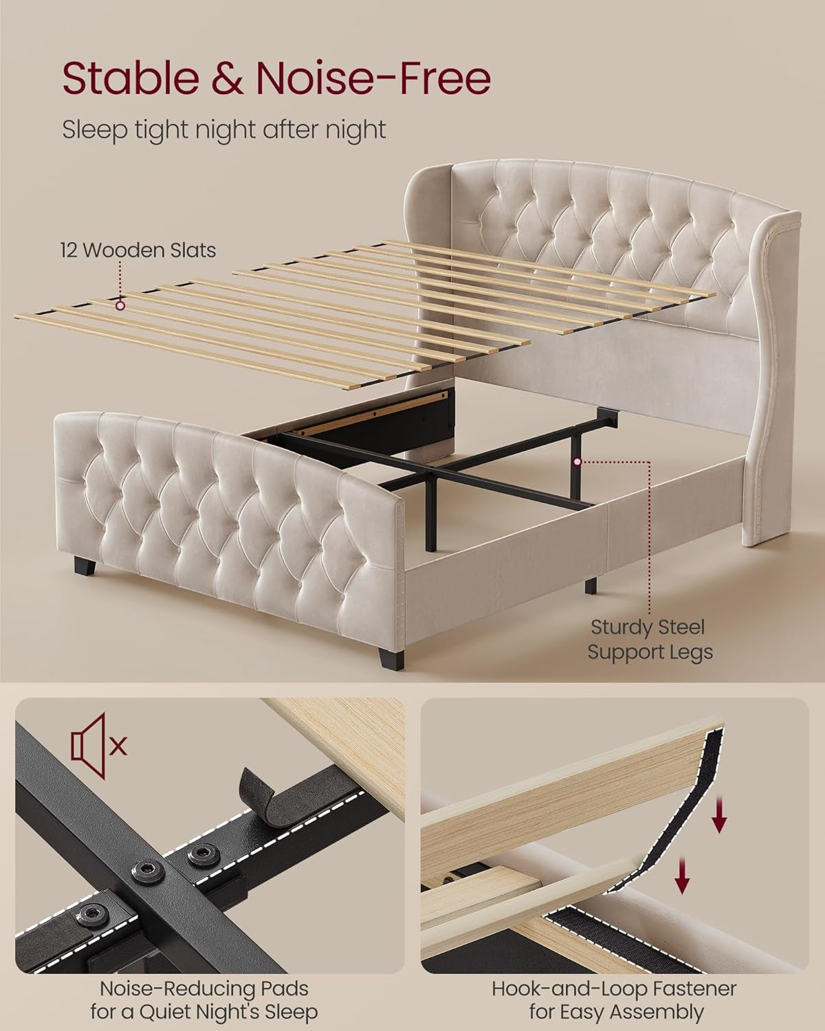 Queen Bed Frame with Tall Headboard, Upholstered Platform Bed Frame Queen Size, with Wingback Tufted Headboard and Footboard, Wooden Slats, No Box Spring Needed, Cappuccino Beige URMB881W01
